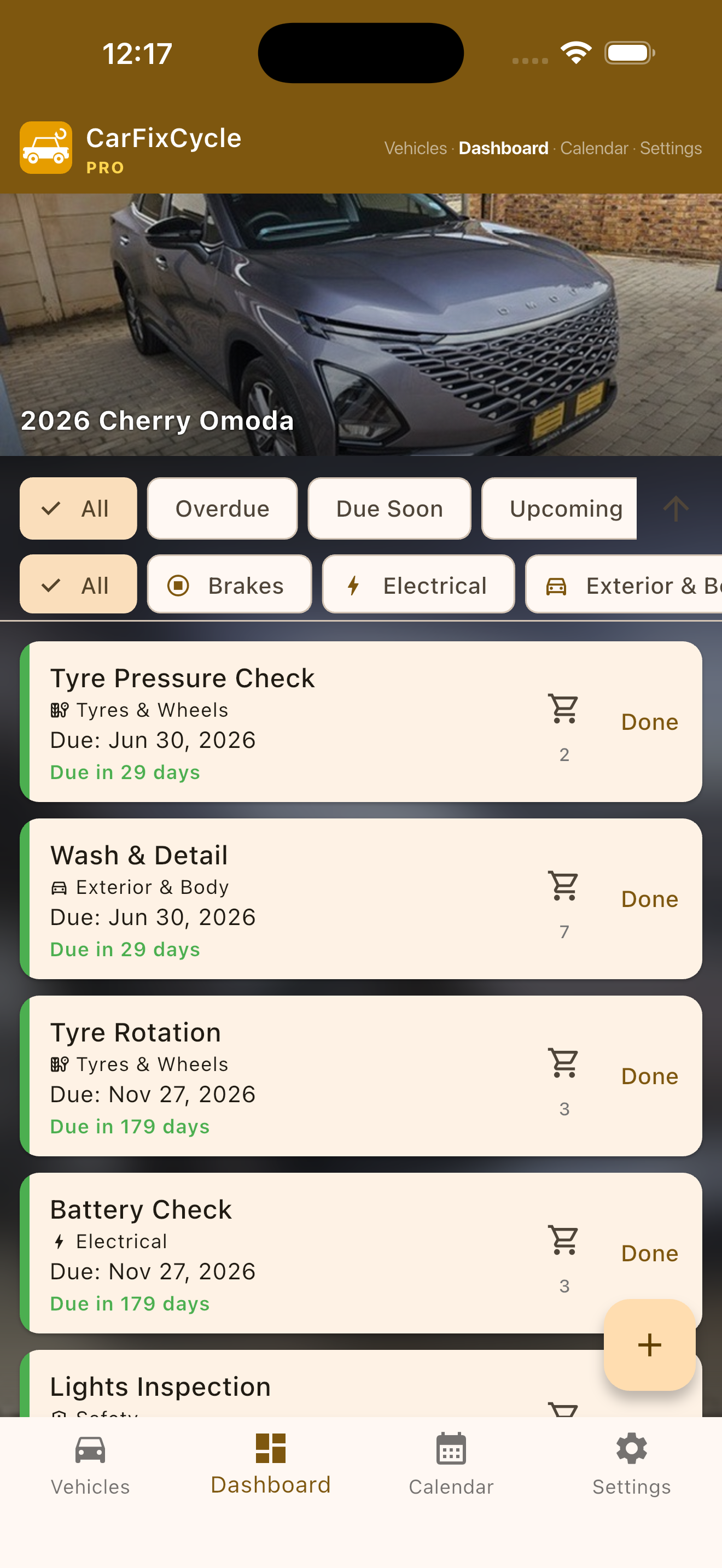 Dashboard filters by status and category