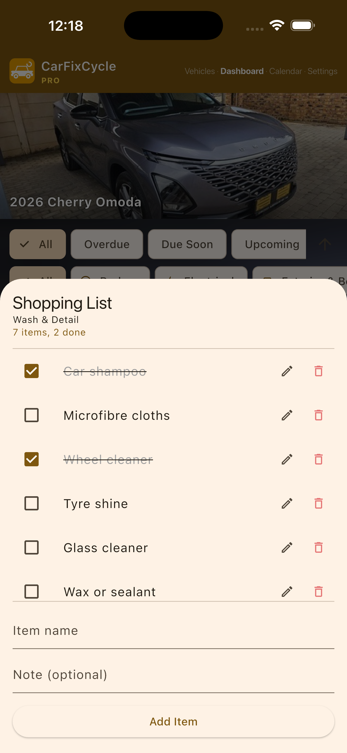 Parts and shopping list per task